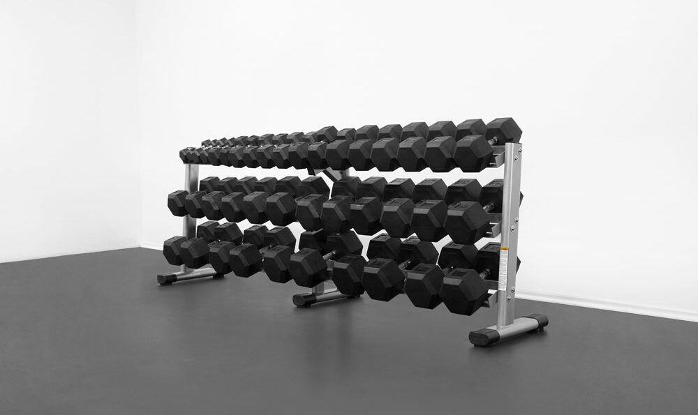  Hexagon-shaped, no-roll heads for easy storage and stability when performing floor workouts 