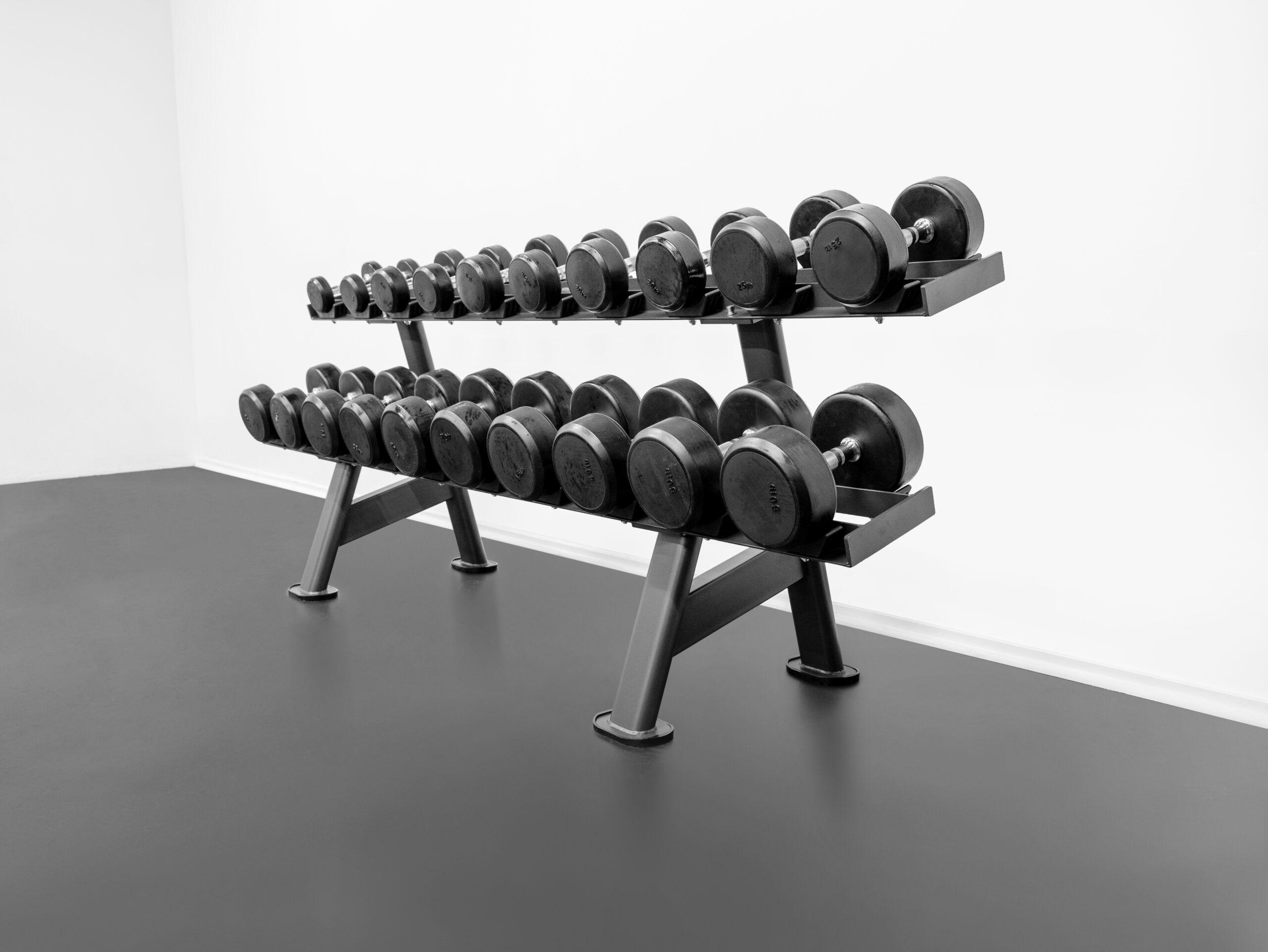 Total of 10 pairs of dumbbells (5, 10, 15, 20, 25, 30, 35, 40, 45, 50 lbs.)