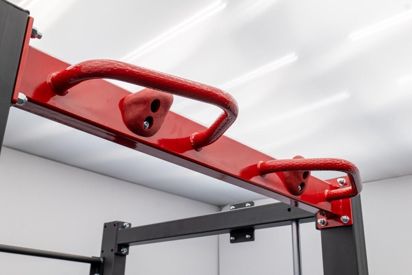 Extended overhanging pull-up bar with rock climbing grips